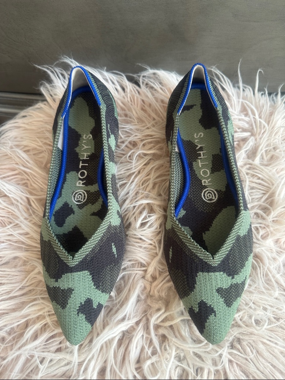 Rothy's Green Camo Pointed Knit Flats with Blue Trim
